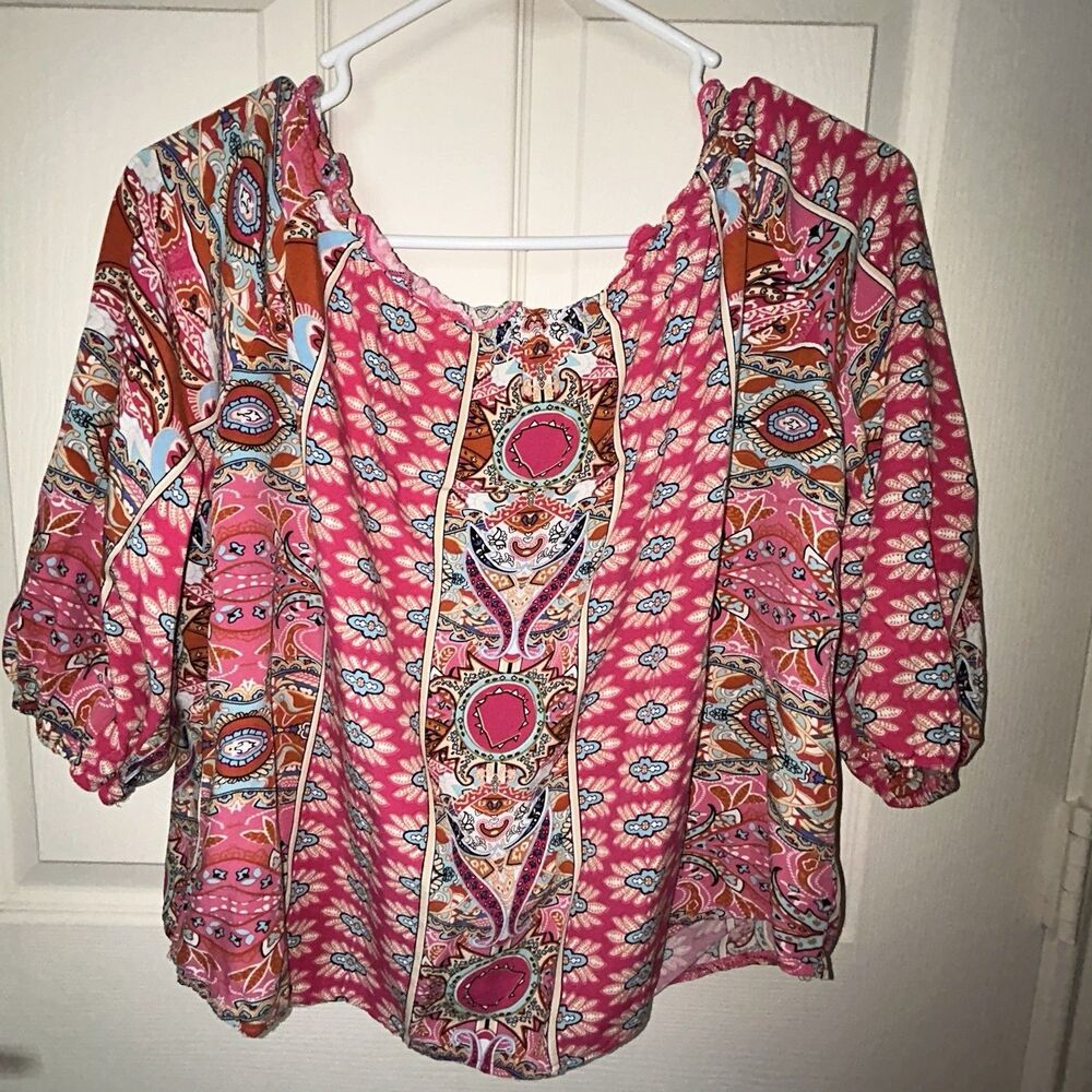 SHEIN Boho Drawstring Tunic Blouse M Pink Viscose 3/4 Sleeve Peasant